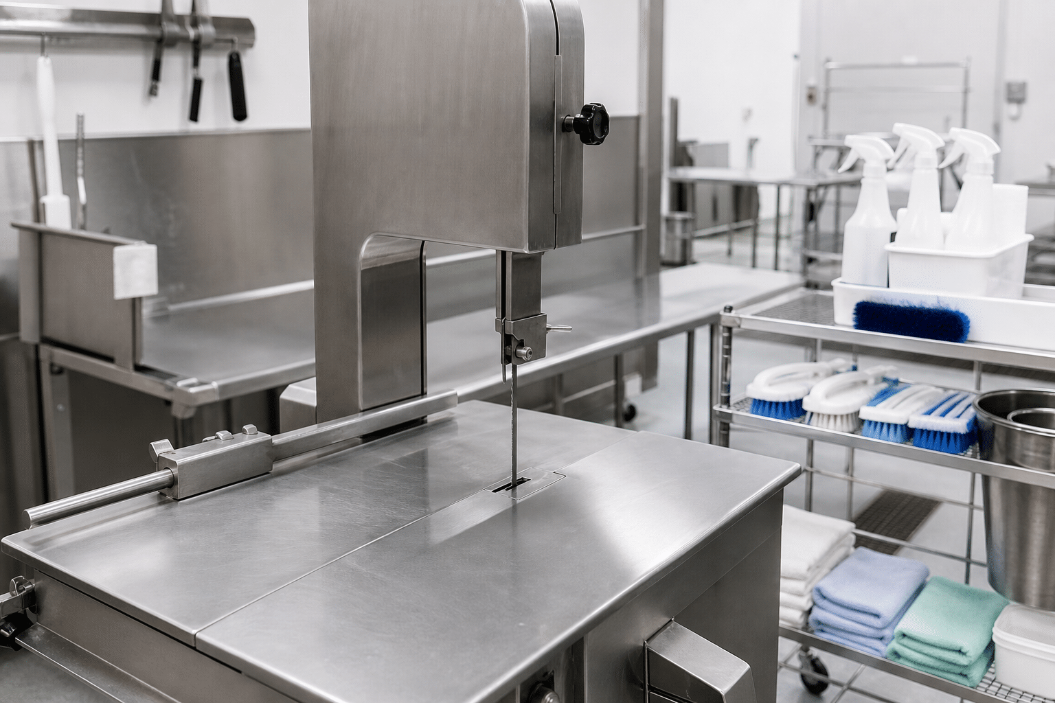 Clean and organized commercial meat band saw workstation