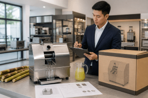 Commercial OEM sugarcane juicer with packaging and specification documents for distributor review