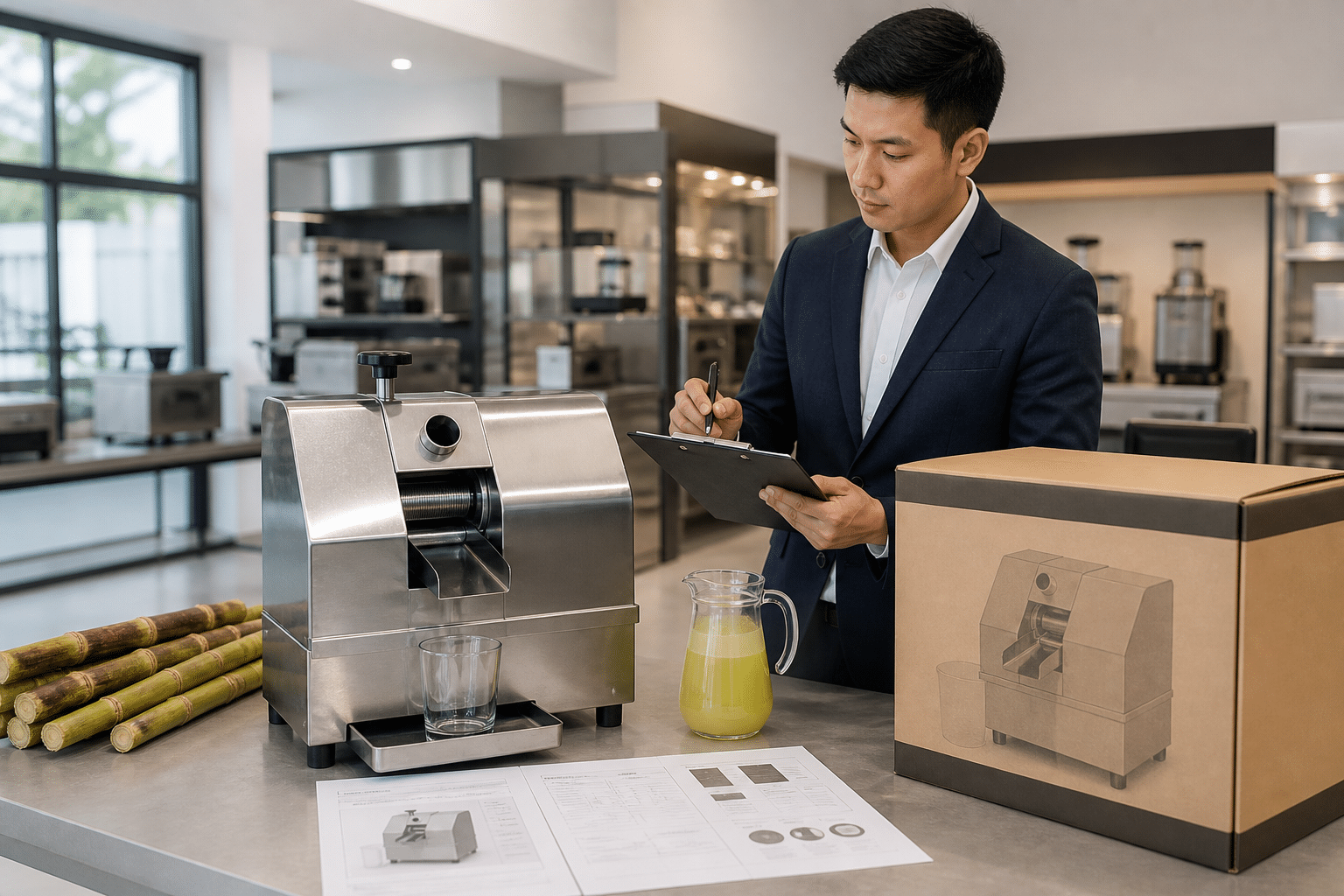 Commercial OEM sugarcane juicer with packaging and specification documents for distributor review