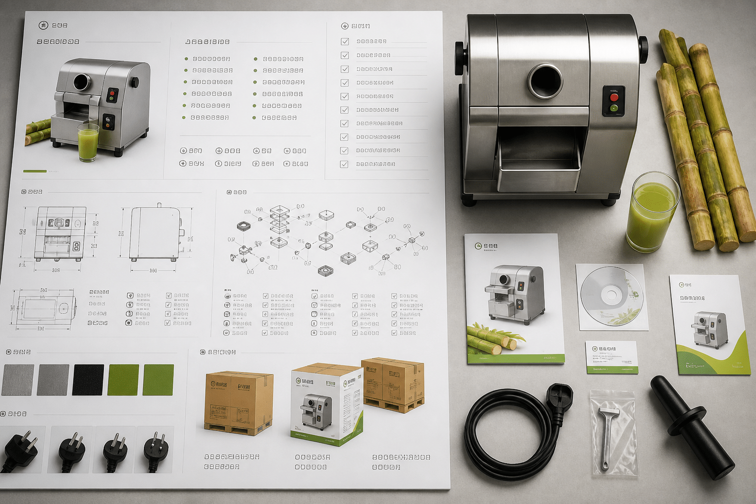 OEM sugarcane juicer product brief with configuration and branding planning materials