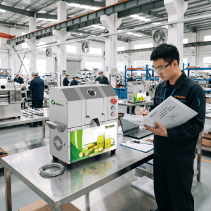 Commercial sugarcane juicer being reviewed during OEM manufacturing inspection