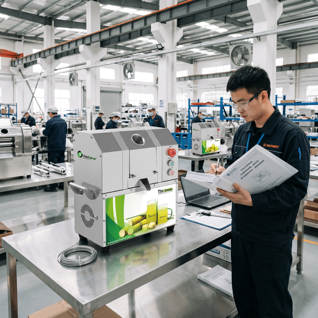 Commercial sugarcane juicer being reviewed during OEM manufacturing inspection