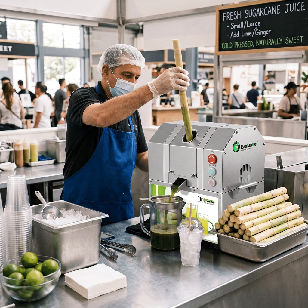 Commercial sugarcane juicer in a professional juice service setting