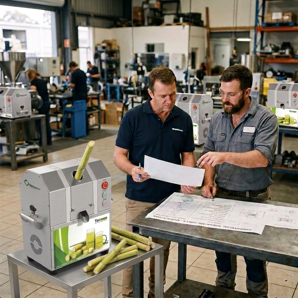 Buyer and engineer reviewing commercial sugarcane juicer specifications
