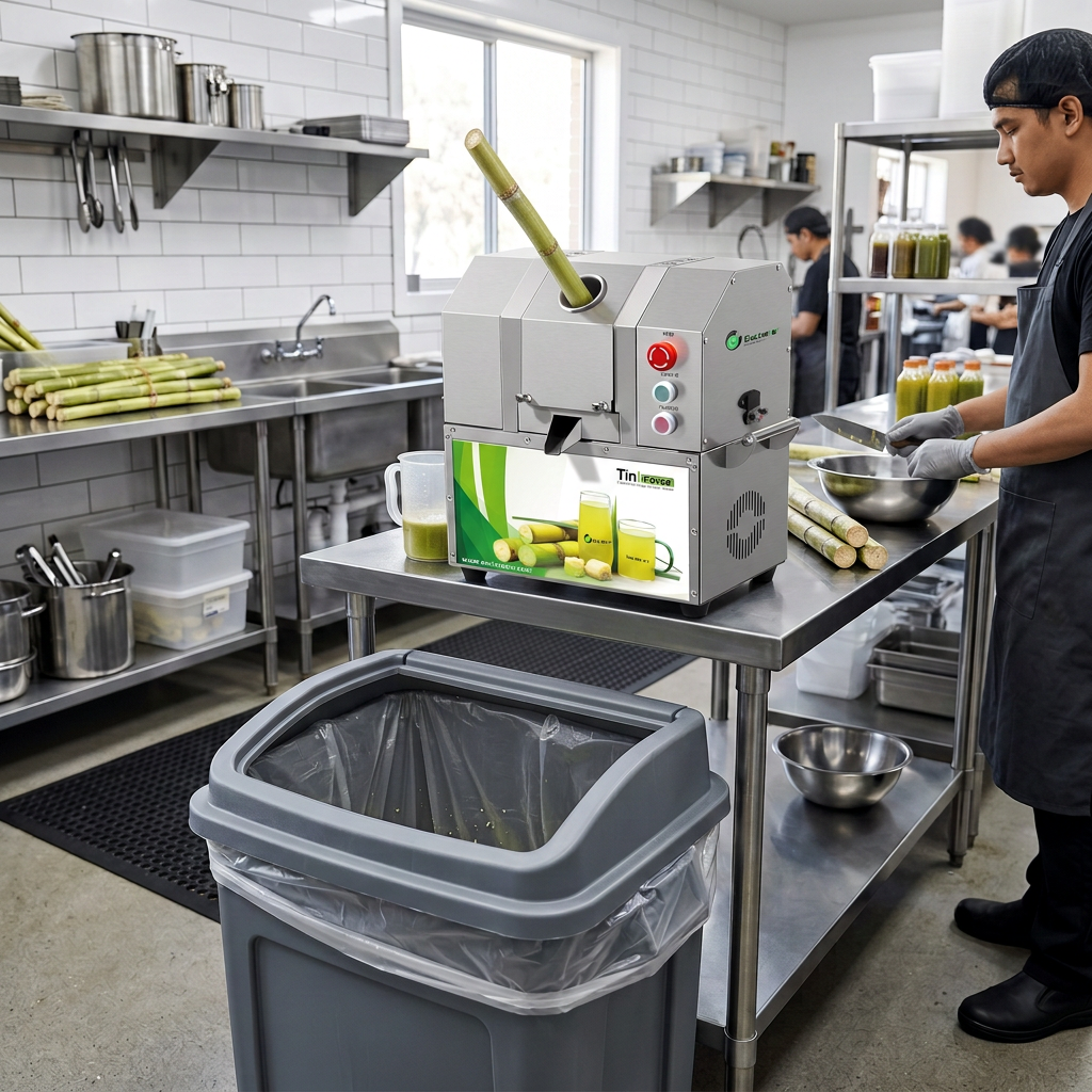 Fresh sugarcane bagasse collected in a dedicated covered container beside a commercial juice machine