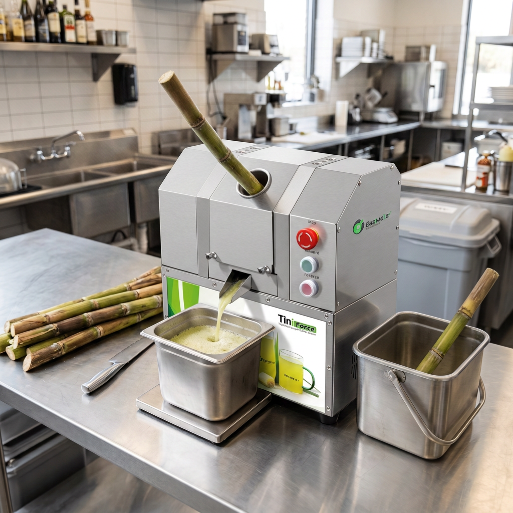 Dedicated bagasse collection bin positioned beside a commercial sugarcane juicer
