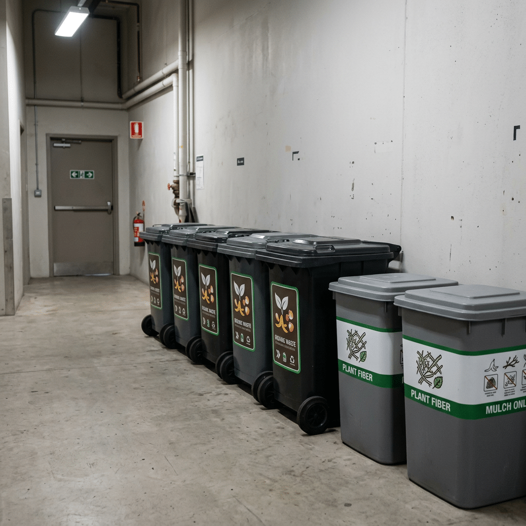 Covered containers prepared for commercial organic waste collection