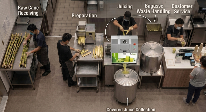 Sugarcane juice bar workflow from cane preparation to customer service
