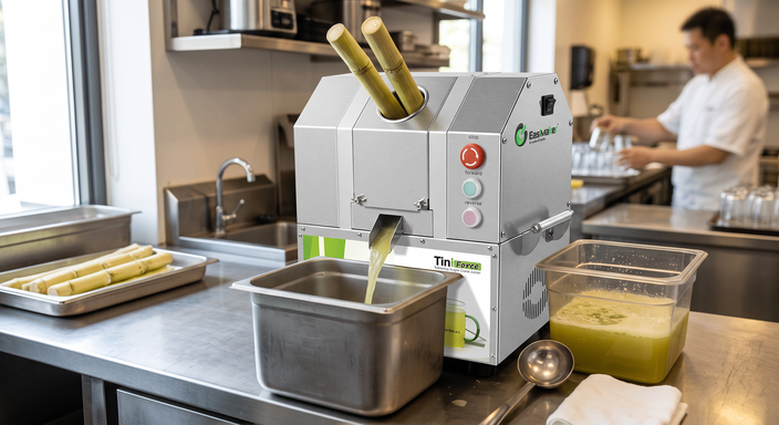 Commercial sugarcane juice machine on a food-service counter