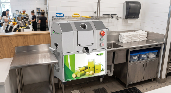 Cleaning and sanitation station beside a commercial sugarcane juicer