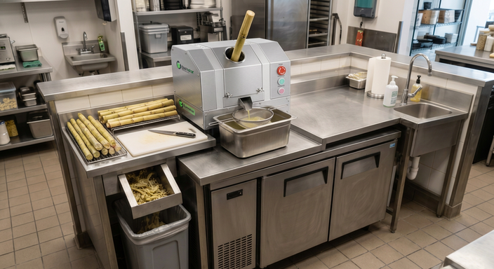 Compact sugarcane juice bar layout with juicer and preparation areas