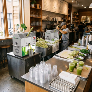 Organised commercial sugarcane juice bar workstation with juicer, cane storage, and service supplies