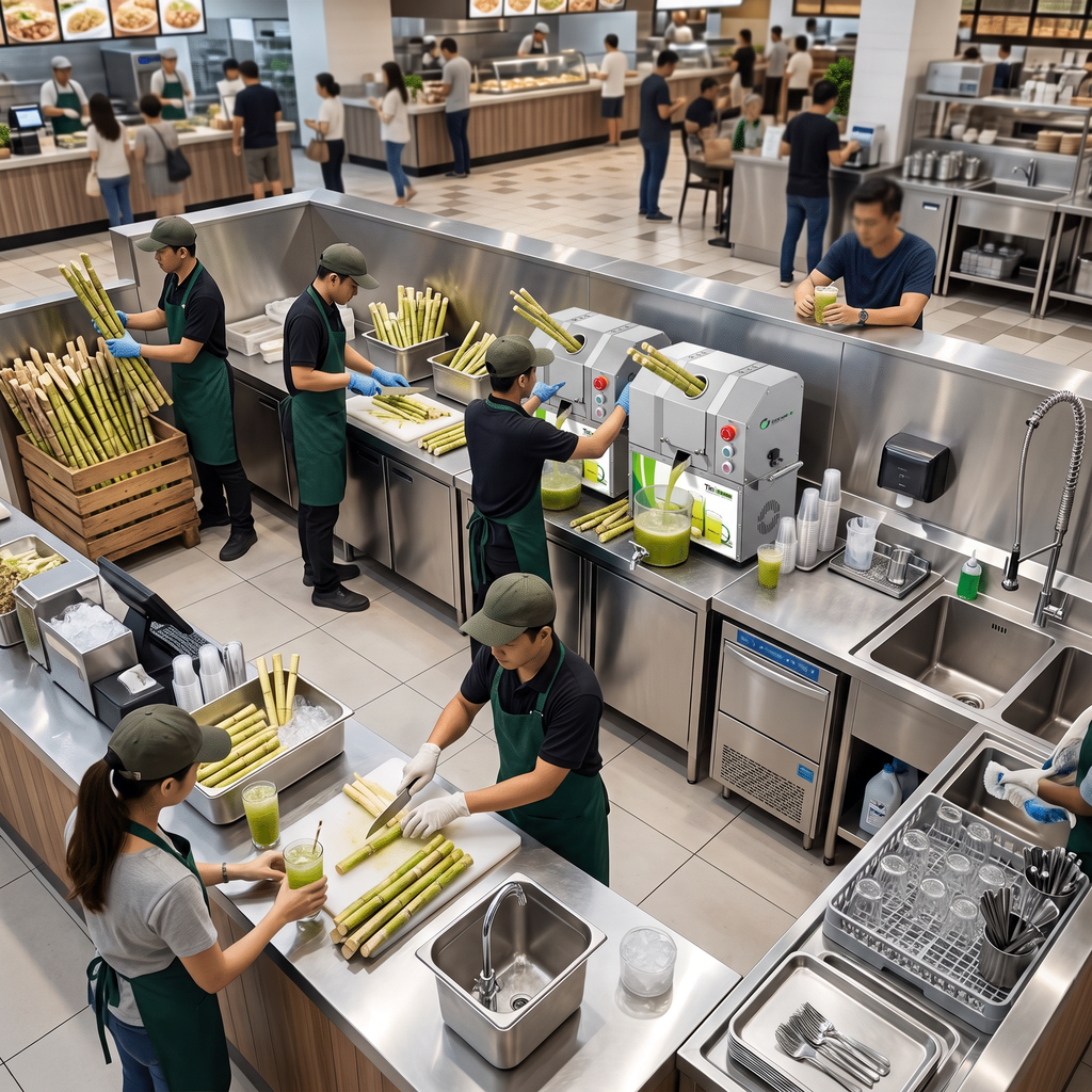 Sugarcane juice bar workstation organised into preparation, extraction, and service zones