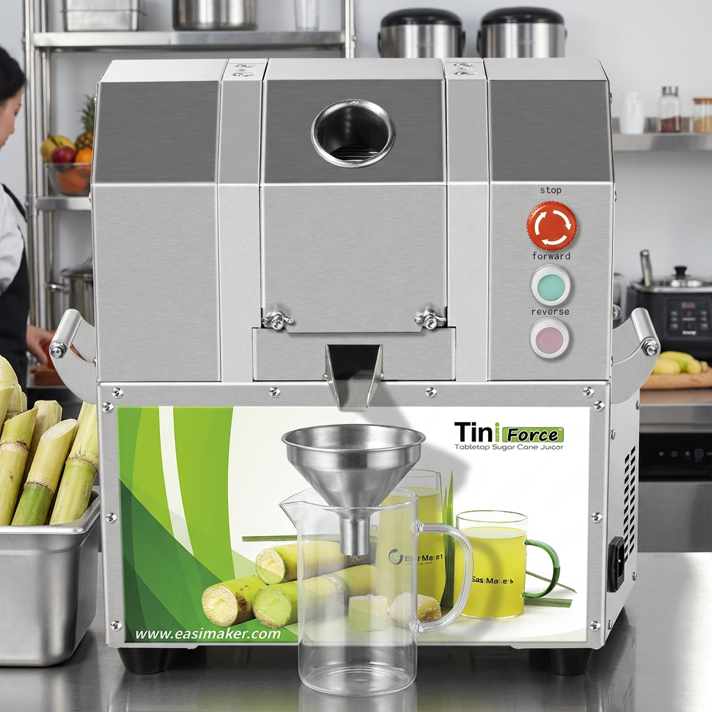 Commercial sugarcane juicer with room for safe feeding, juice collection, and bagasse handling
