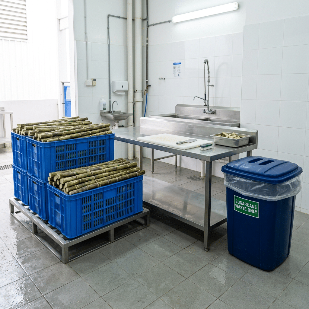 Food-safe sugarcane receiving and preparation area with storage crates and preparation bench