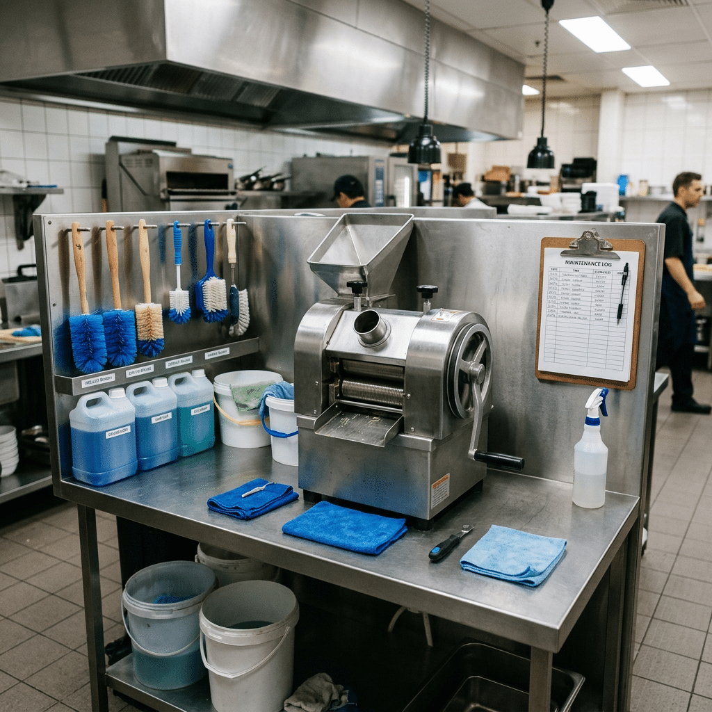Organised cleaning and maintenance supplies beside a commercial sugarcane juicer workstation