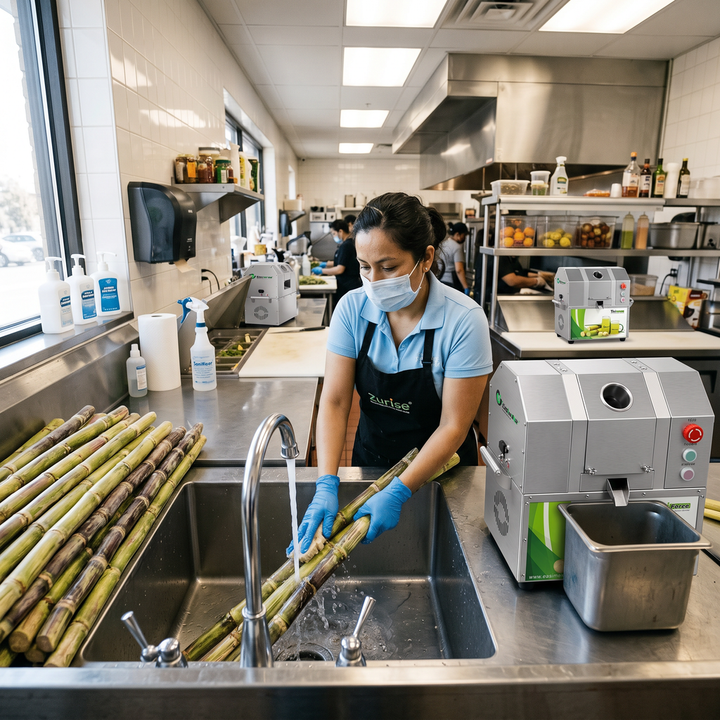 Food-service worker washing fresh sugarcane at a clean commercial juice shop preparation station