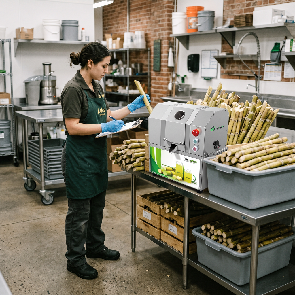 Employee inspecting fresh sugarcane during receiving in a commercial juice shop