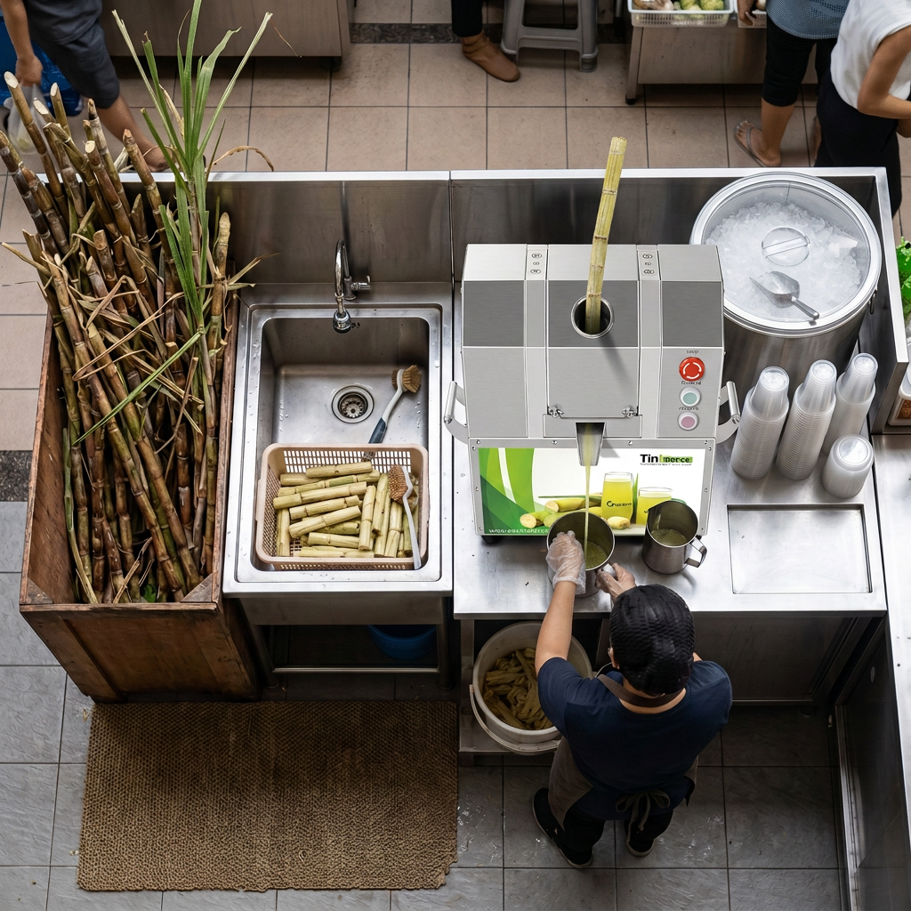 Separated raw cane and clean juice preparation zones in a commercial shop