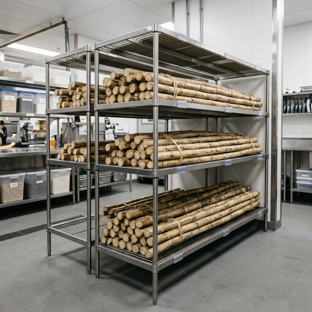 Fresh sugarcane stored off the floor on clean racks