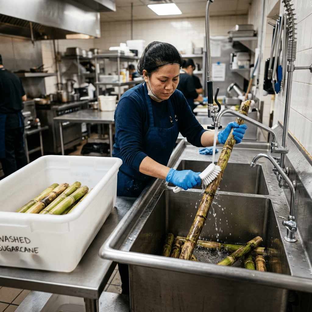 Employee washing sugarcane with clean water and a brush before juicing