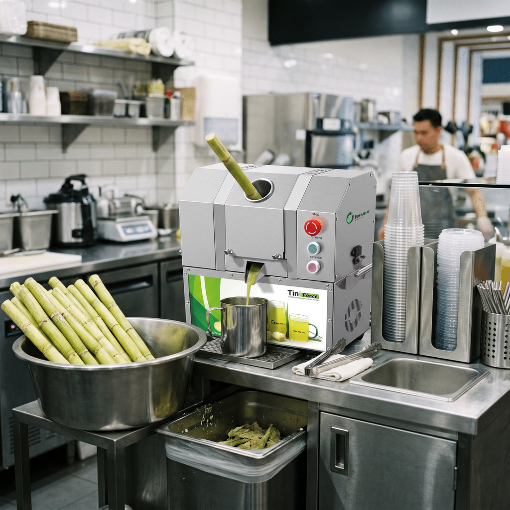 Clean commercial sugarcane juicing station prepared for service
