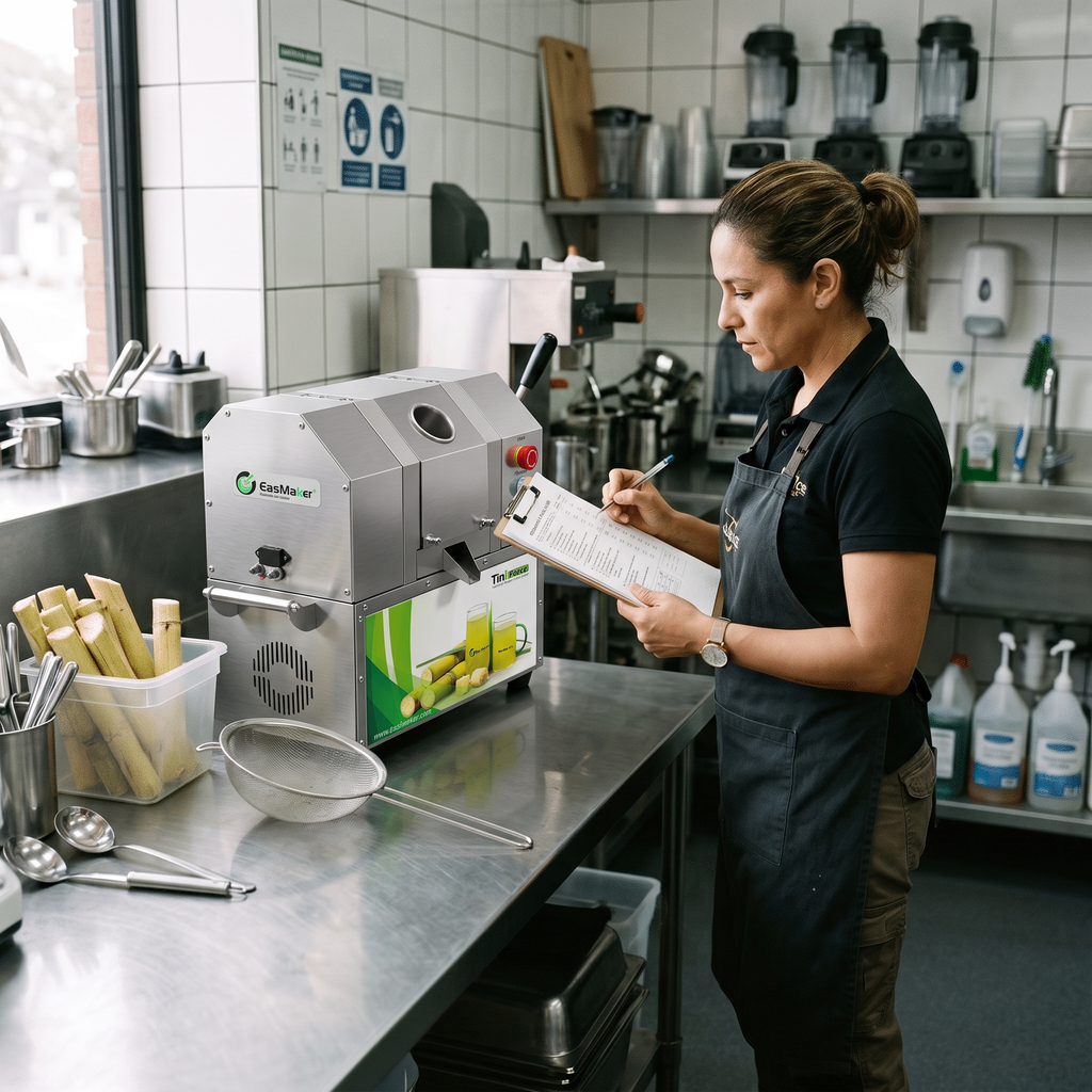 Manager reviewing a daily sanitation checklist beside a cleaned sugarcane juicer