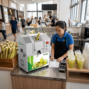 Commercial sugarcane juice machine beside a break-even cost worksheet at a juice counter