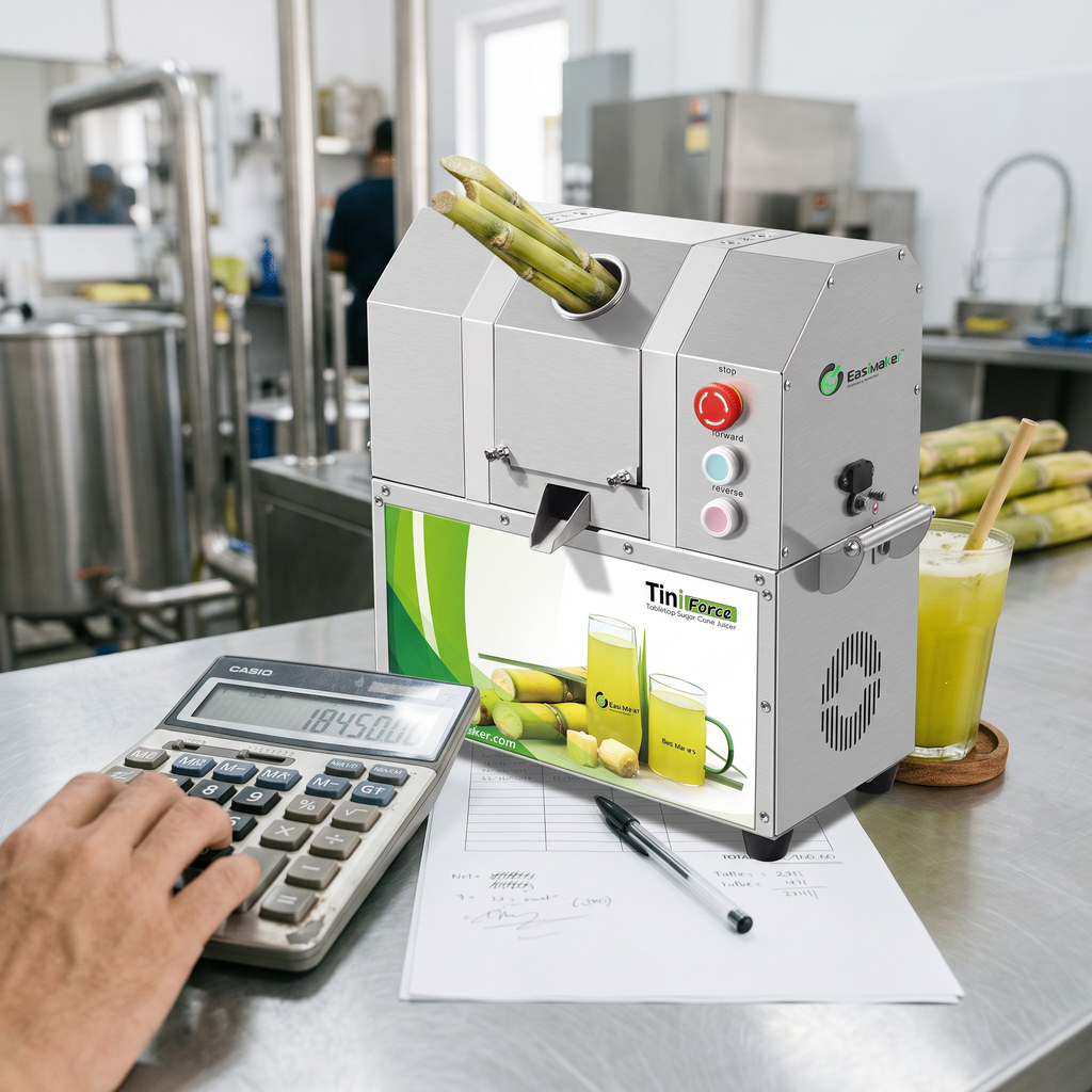 Calculator and cost worksheet used to calculate sugarcane juice machine break-even