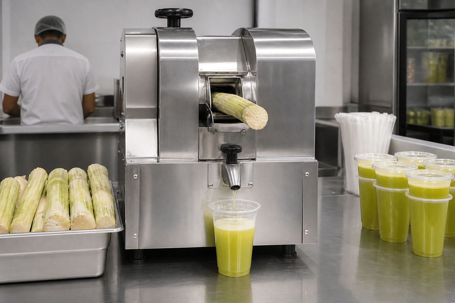 Organised commercial sugarcane juicer workstation with clear operator space