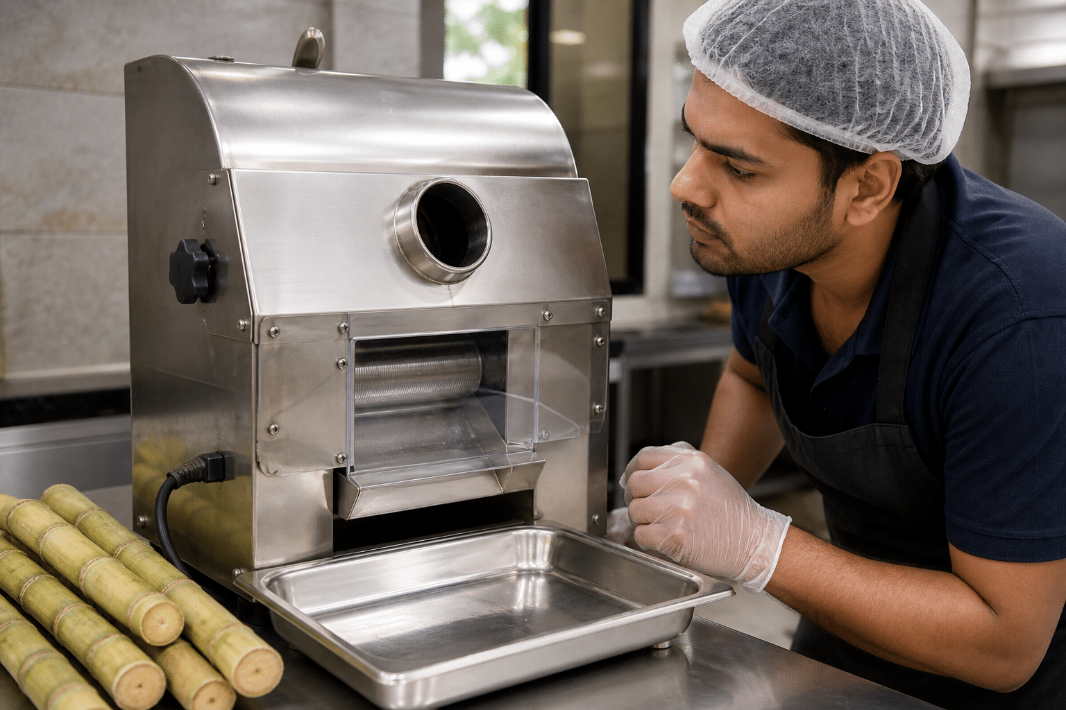 Operator completing a pre-start safety inspection on a sugarcane juice machine