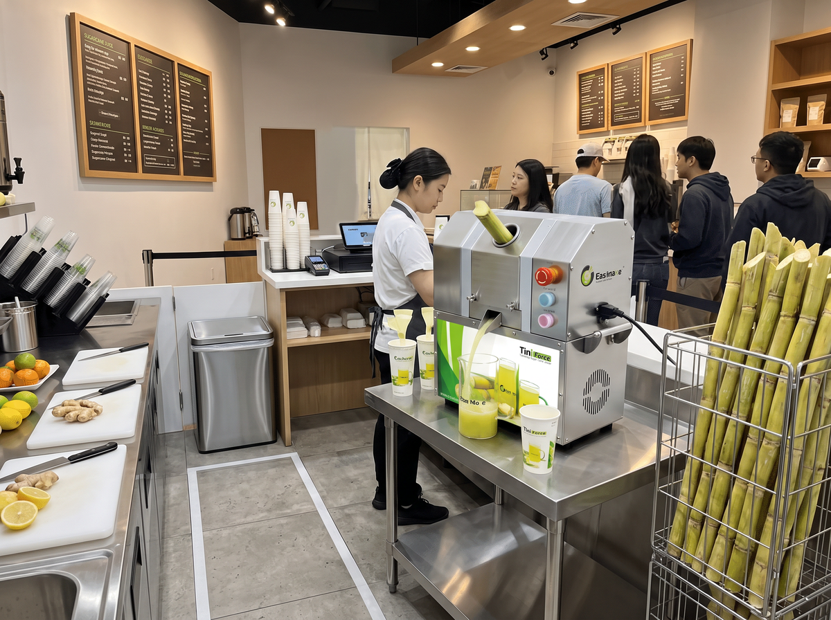 Clean commercial sugarcane juice workstation with a compact TiniForce S3 machine and organized preparation and service zones