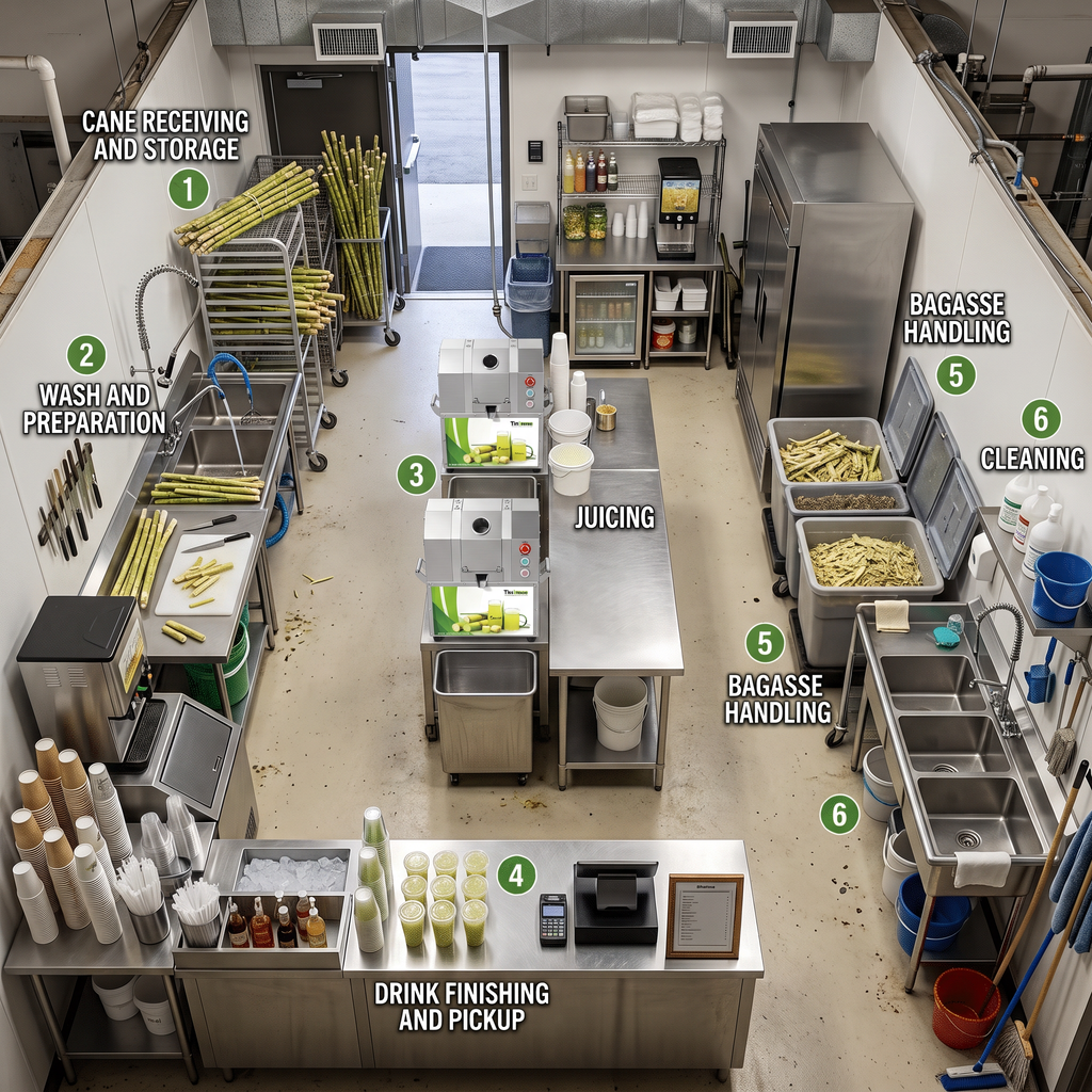 Overhead view of one-way workflow zones in a sugarcane juice shop