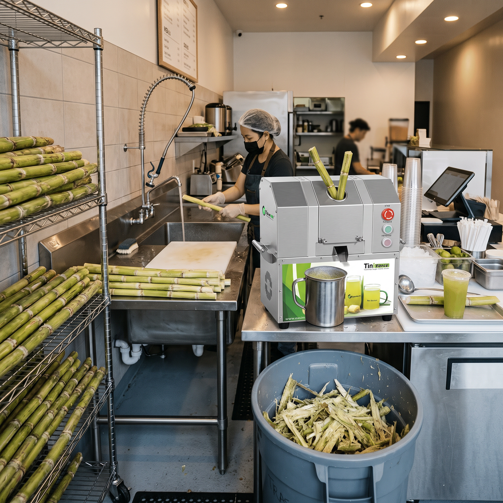 Separated storage, preparation, juicing, and waste zones in a sugarcane juice bar