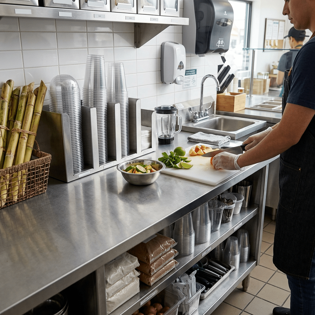 Organized counters and storage for a commercial sugarcane juice workstation