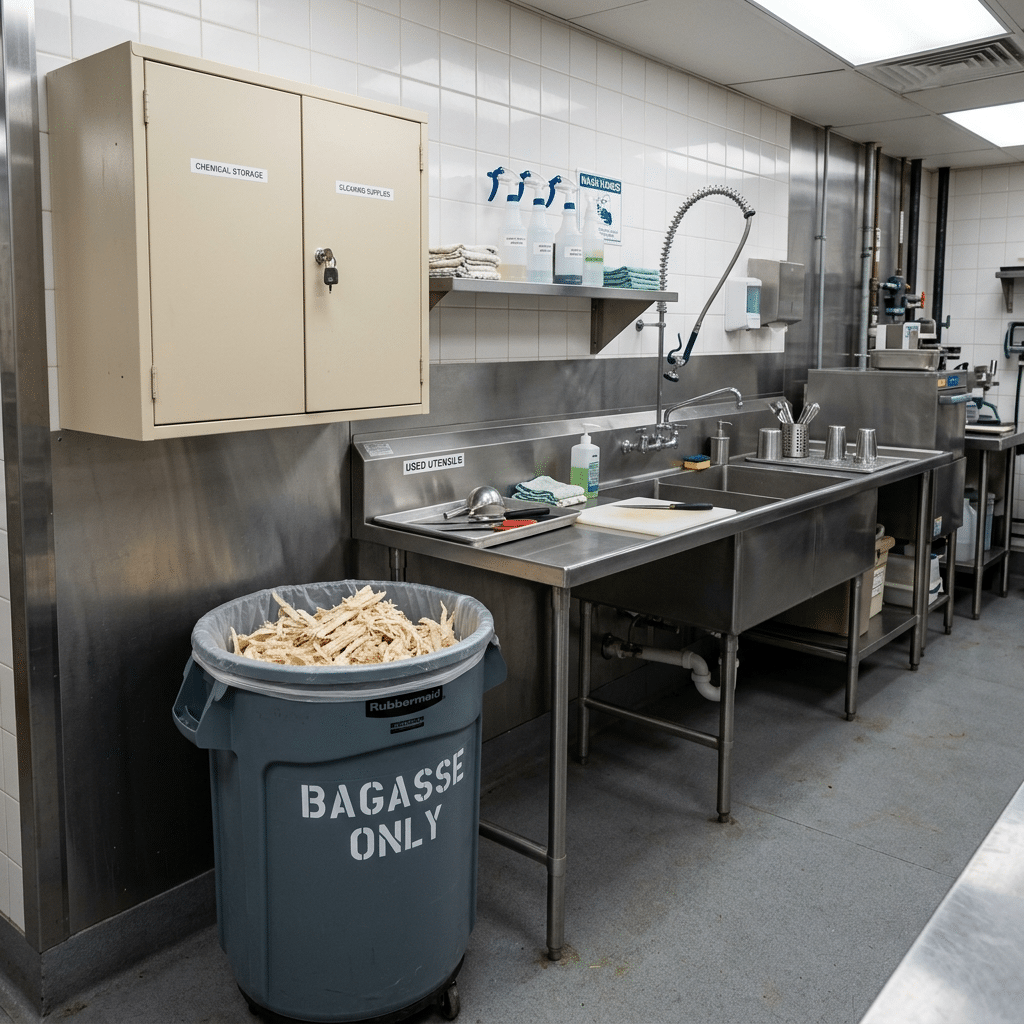 Separate cleaning and bagasse handling area in a sugarcane juice shop