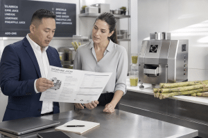 Buyer reviewing commercial sugarcane juicer questions with a manufacturer representative