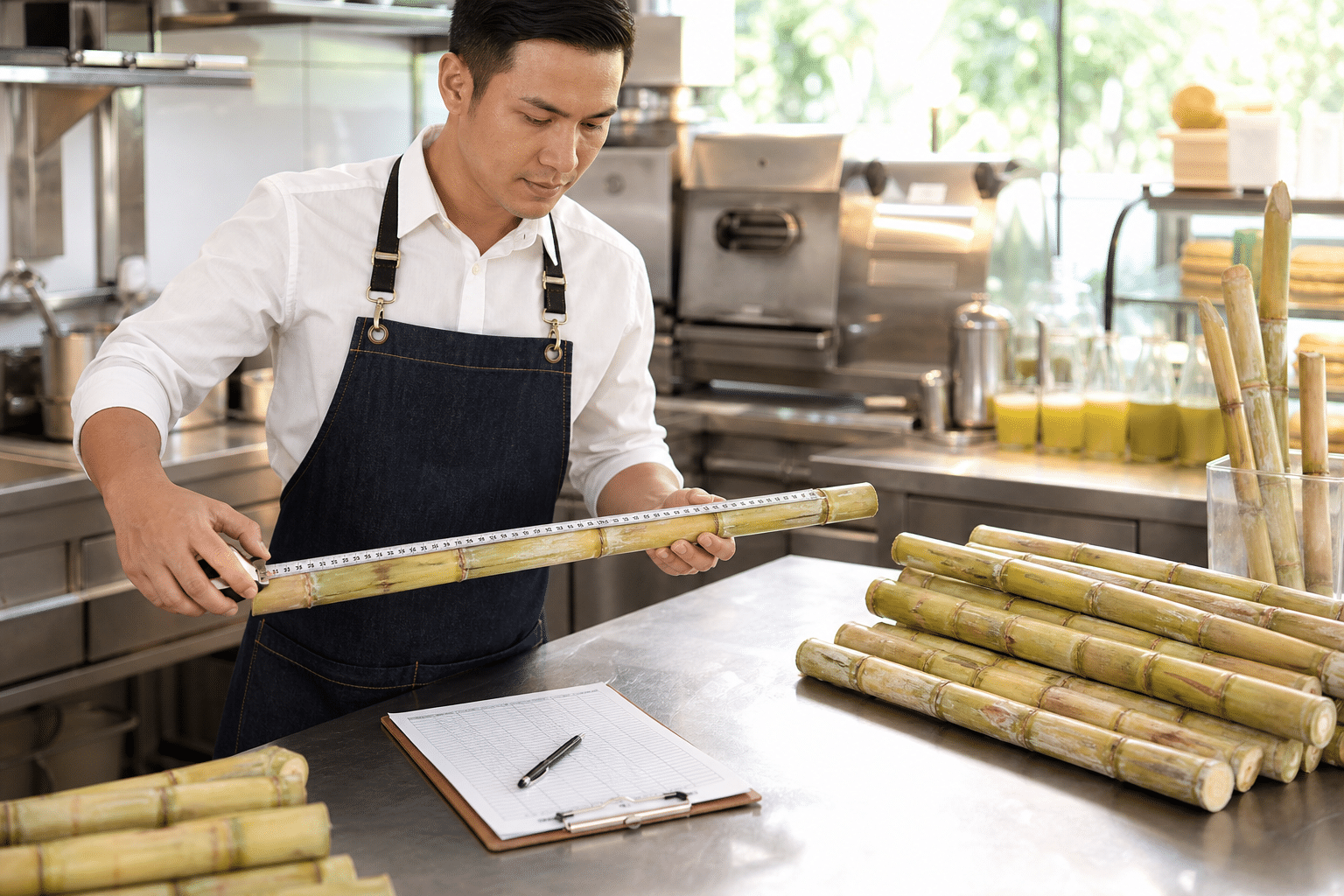 Operator reviewing sugarcane stalk condition and juice bar workflow before equipment selection