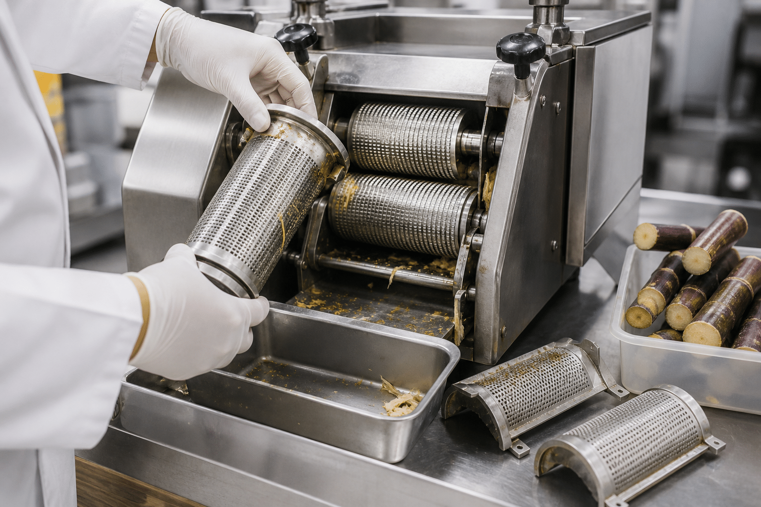 Technician inspecting accessible components of a commercial sugarcane juicer