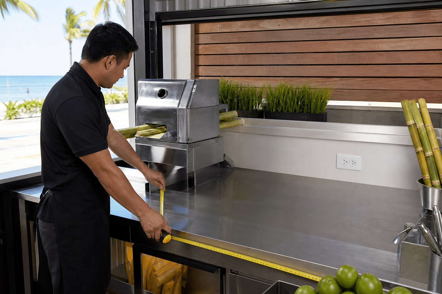 Measuring counter space and clearance for commercial sugarcane juicer installation