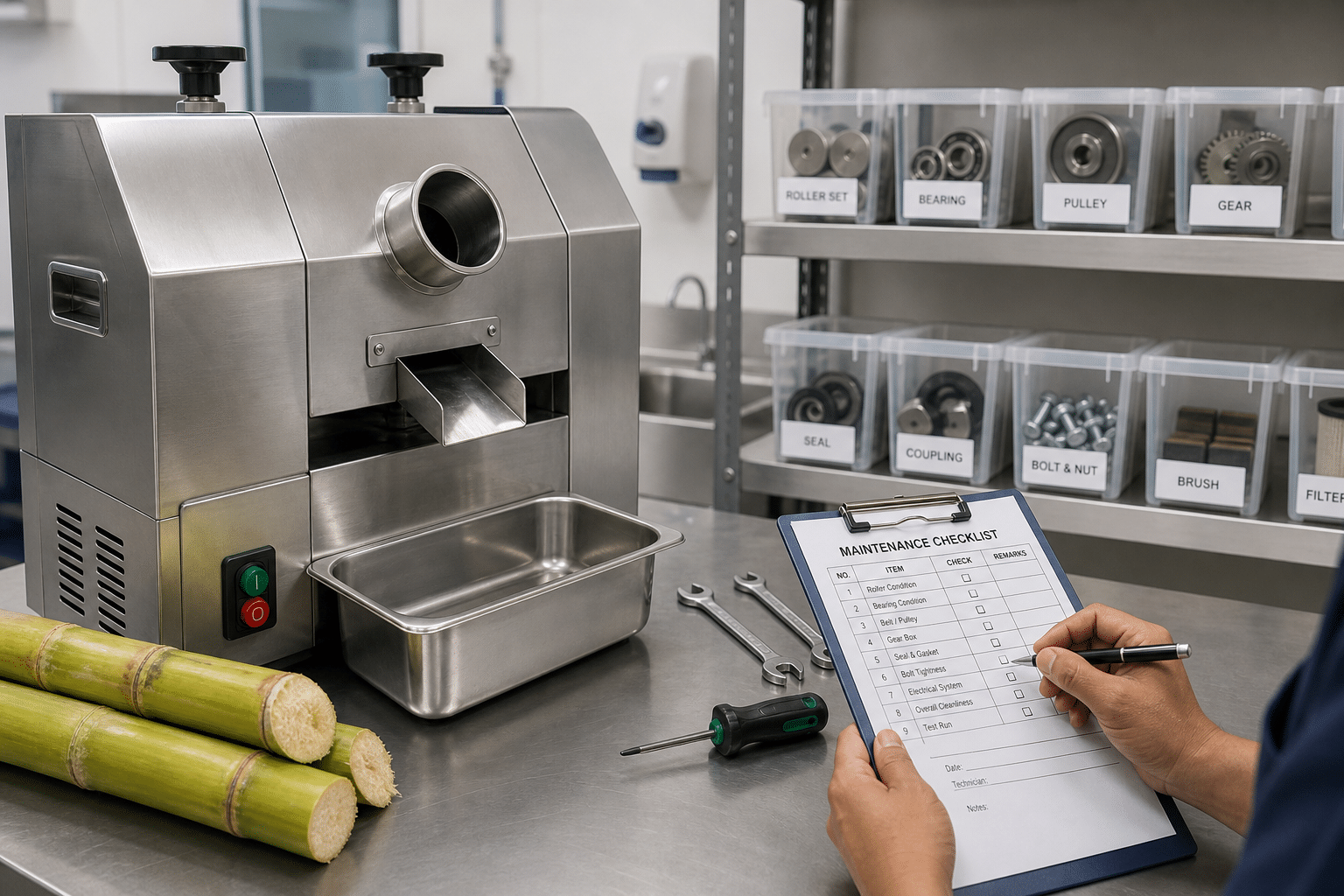 Commercial sugarcane juicer with organised spare parts and maintenance checklist