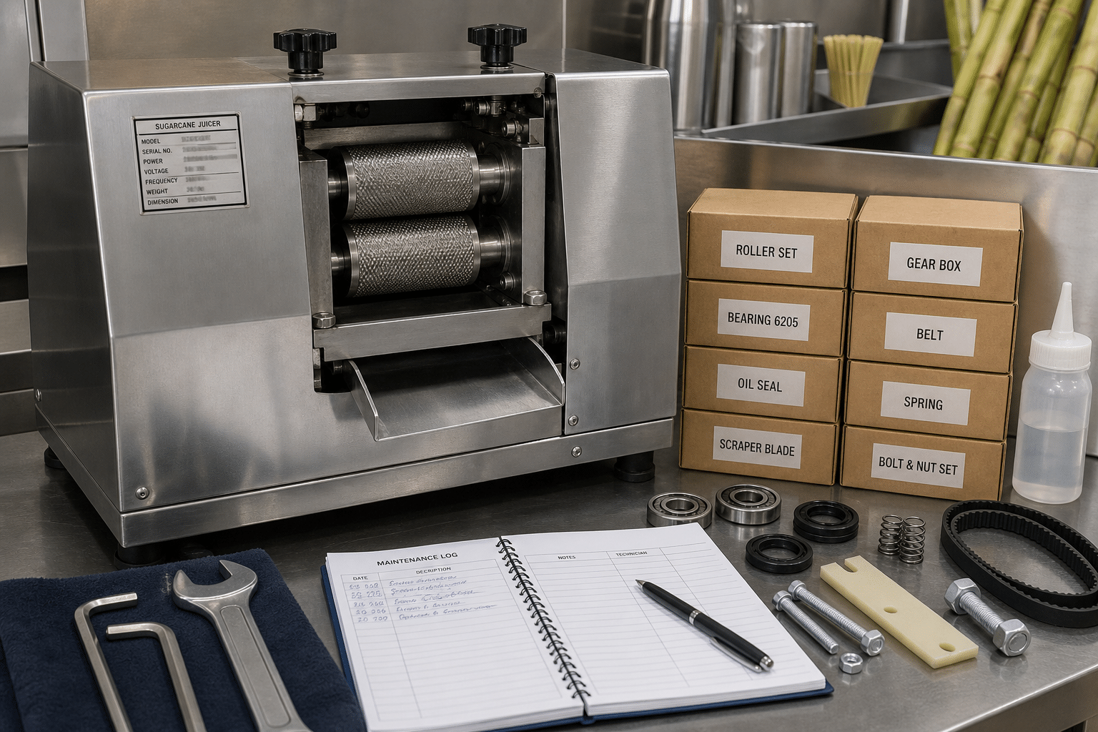 Organised spare-parts inventory for a commercial sugarcane juicer