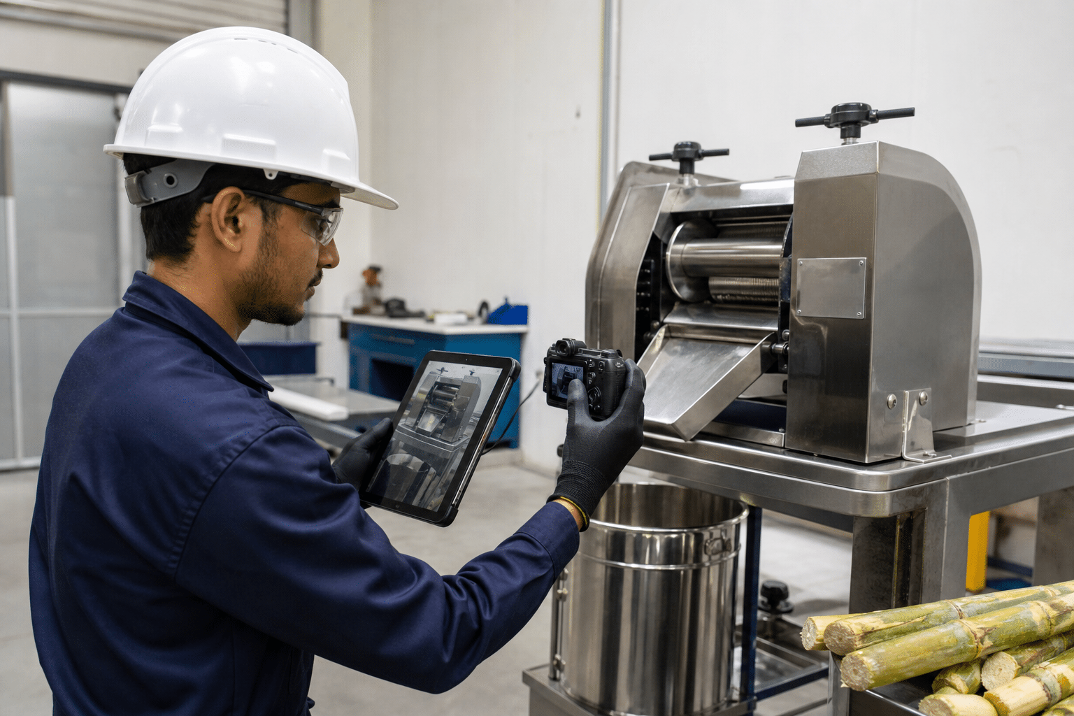 Technician documenting a commercial sugarcane juicer for a support request