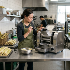 Operator safely inspecting a commercial sugarcane juicer for troubleshooting