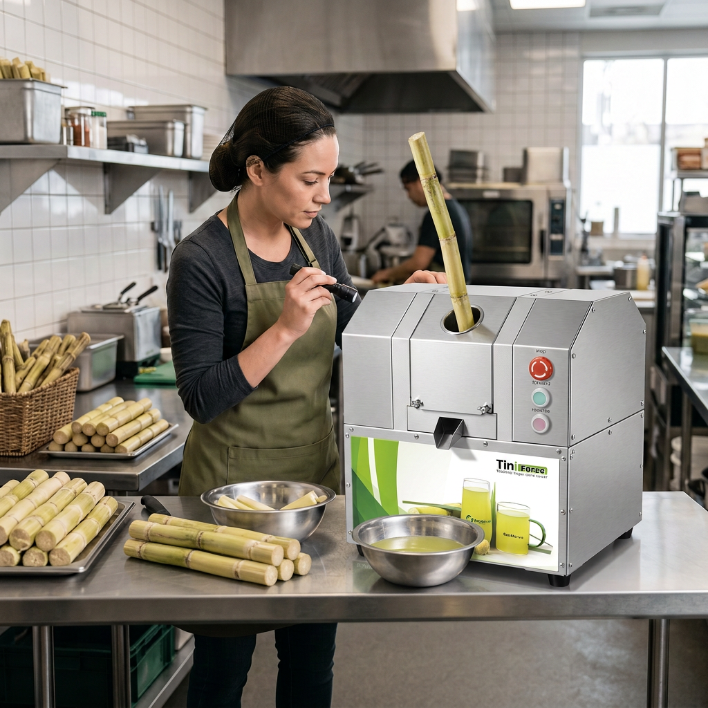 Operator safely inspecting a commercial sugarcane juicer for troubleshooting