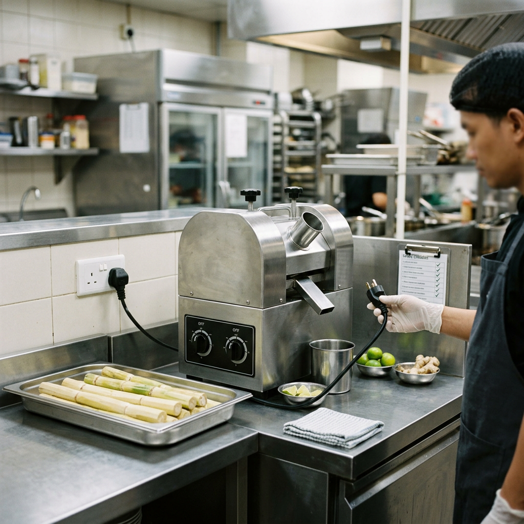 Commercial sugarcane juicer disconnected from power before inspection