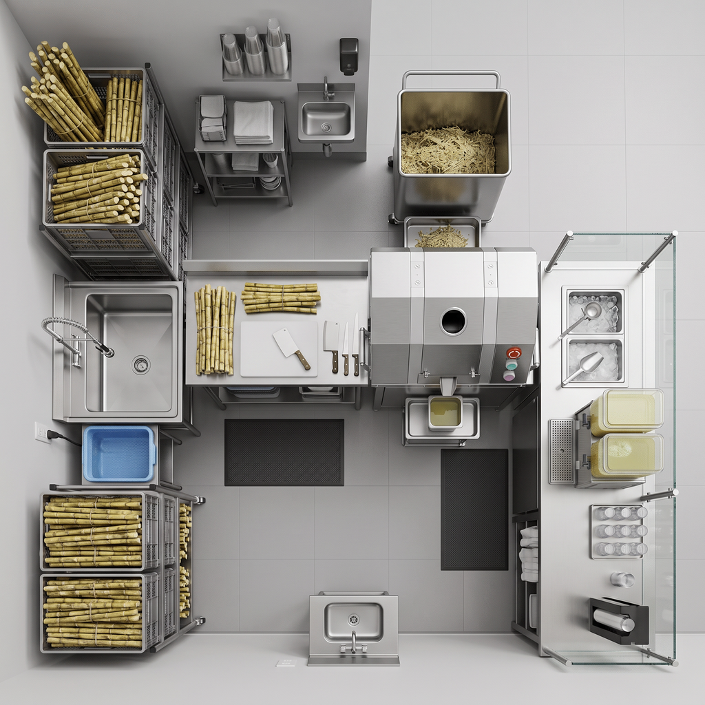 Small sugarcane juice shop workflow zones from cane preparation to serving