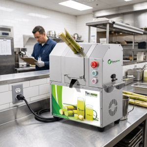 Commercial sugarcane juice machine installed near a suitable electrical connection