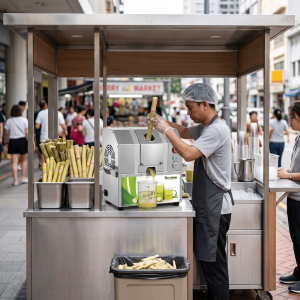 Commercial sugarcane juice machine set up at an organized street vending kiosk
