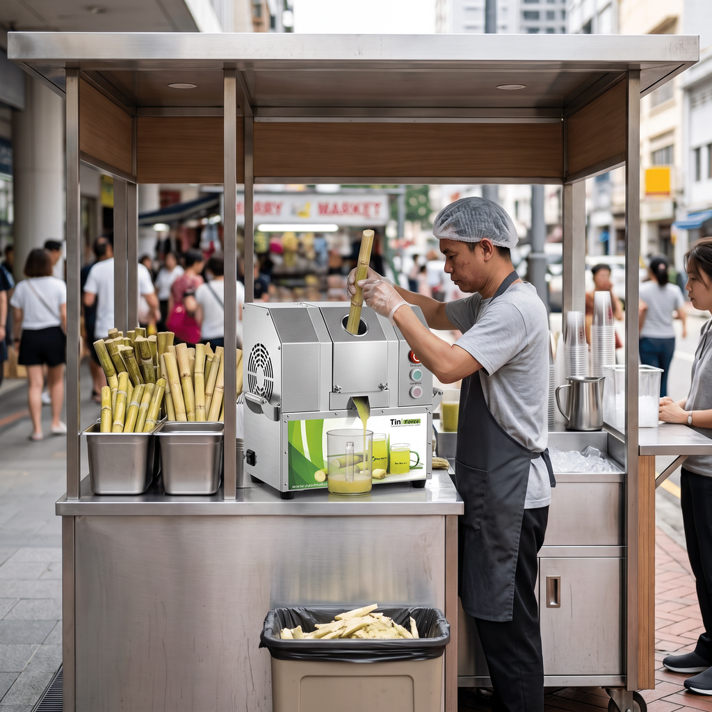 Commercial sugarcane juice machine set up at an organized street vending kiosk